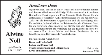 Traueranzeige von Alwine Noll von  Kreisanzeiger