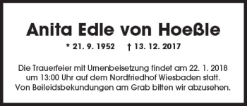 Traueranzeige von Anita Edle von Hoeßle von Trauerportal Rhein Main Presse