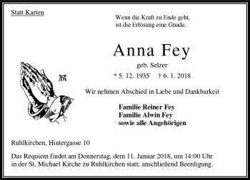 Traueranzeige von Anna Fey von VRM Trauer