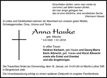 Traueranzeige von Anna Hauke von Trauerportal Rhein Main Presse