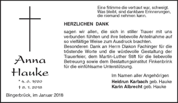Traueranzeige von Anna Hauke von Trauerportal Rhein Main Presse