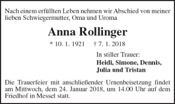 Traueranzeige von Anna Rollinger von Trauerportal Rhein Main Presse