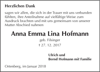 Traueranzeige von Anna Emma Lina Hofmann von  Kreisanzeiger