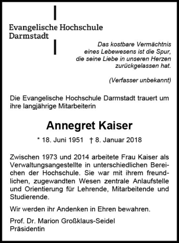 Traueranzeige von Annegret Kaiser von Trauerportal Rhein Main Presse