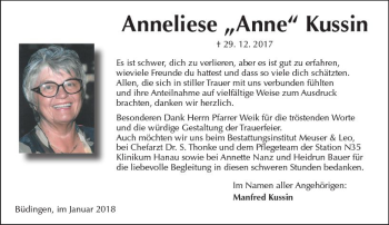 Traueranzeige von Anneliese Kussin von  Kreisanzeiger
