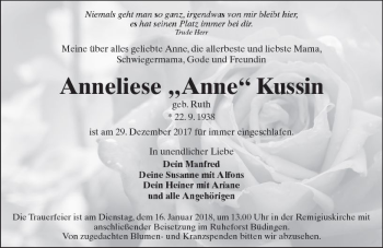 Traueranzeige von Anneliese Kussin von  Kreisanzeiger
