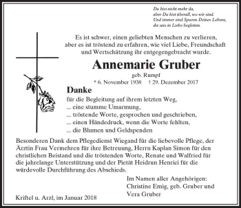 Traueranzeige von Annemarie Gruber von  Camberger Anzeiger