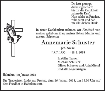 Traueranzeige von Annemarie Schuster von Trauerportal Rhein Main Presse