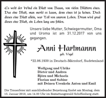 Traueranzeige von Anni Hartmann von  Gießener Anzeiger