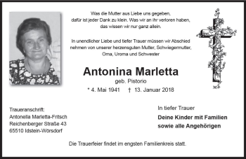 Traueranzeige von Antonina Marletta von Trauerportal Rhein Main Presse