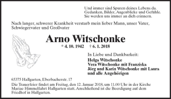Traueranzeige von Arno Witschonke von Trauerportal Rhein Main Presse