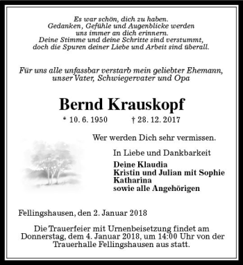 Traueranzeige von Bernd Krauskopf von  Gießener Anzeiger