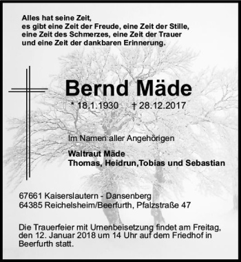 Traueranzeige von Bernd Mäde von Trauerportal Rhein Main Presse