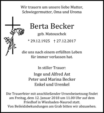 Traueranzeige von Berta Becker von Trauerportal Rhein Main Presse