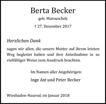 Traueranzeige von Berta Becker von Trauerportal Rhein Main Presse