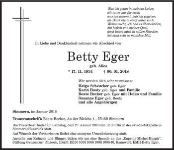 Traueranzeige von Betty Eger von Trauerportal Rhein Main Presse