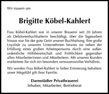 Traueranzeige von Brigitte Köbel-Kahlert von Trauerportal Rhein Main Presse