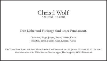Traueranzeige von Christl Wolf von Trauerportal Rhein Main Presse