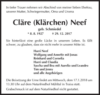 Traueranzeige von Cläre  Neef von Trauerportal Rhein Main Presse