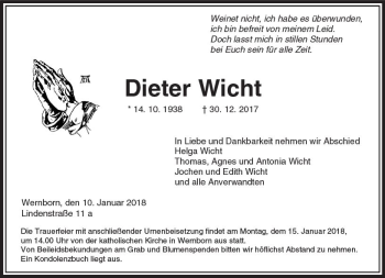 Traueranzeige von Dieter Wicht von  Usinger Anzeiger