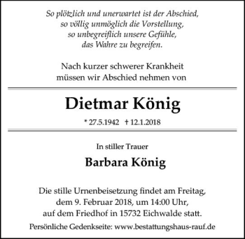 Traueranzeige von Dietmar König von Trauerportal Rhein Main Presse