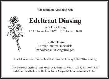 Traueranzeige von Edeltraud Dinsing von  Usinger Anzeiger
