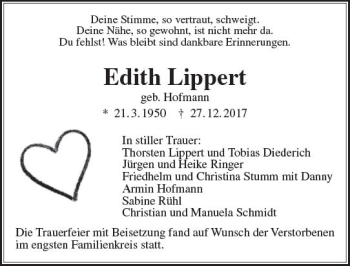 Traueranzeige von Edith Lippert von  Gießener Anzeiger