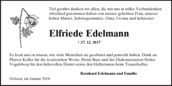 Traueranzeige von Elfriede Edelmann von  Kreisanzeiger