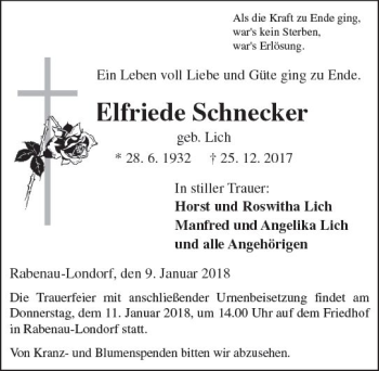 Traueranzeige von Elfriede Schnecker von  Gießener Anzeiger