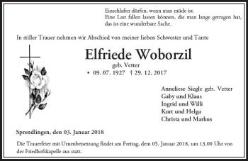Traueranzeige von Elfriede Woborzil von Trauerportal Rhein Main Presse