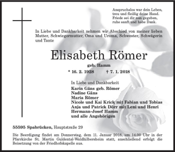 Traueranzeige von Elisabeth Römer von Trauerportal Rhein Main Presse