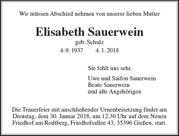 Traueranzeige von Elisabeth Sauerwein von  Gießener Anzeiger