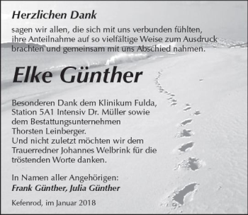 Traueranzeige von Elke Günther von  Kreisanzeiger