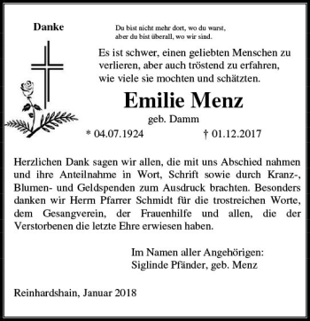 Traueranzeige von Emilie Menz von  Gießener Anzeiger