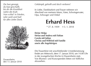 Traueranzeige von Erhard Hess von  Kreisanzeiger