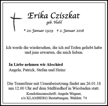 Traueranzeige von Erika Cziszkat von Trauerportal Rhein Main Presse