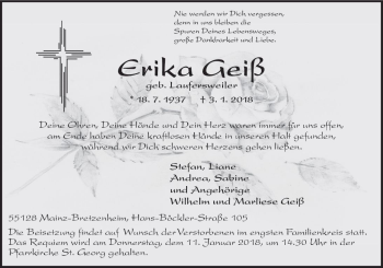 Traueranzeige von Erika Geiß von Trauerportal Rhein Main Presse