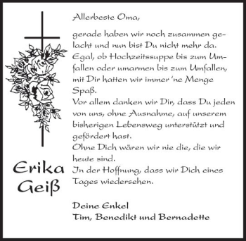 Traueranzeige von Erika Geiß von Trauerportal Rhein Main Presse