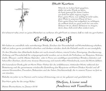 Traueranzeige von Erika Geiß von Trauerportal Rhein Main Presse