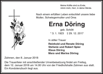 Traueranzeige von Erna Döring von VRM Trauer