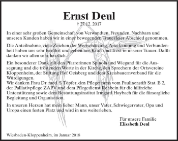 Traueranzeige von Ernst Deul von Trauerportal Rhein Main Presse