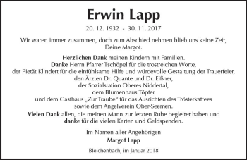 Traueranzeige von Erwin Lapp von  Kreisanzeiger