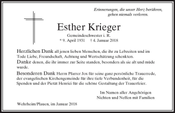 Traueranzeige von Esther Krieger von  Usinger Anzeiger