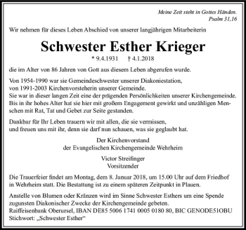 Traueranzeige von Esther Krieger von  Usinger Anzeiger