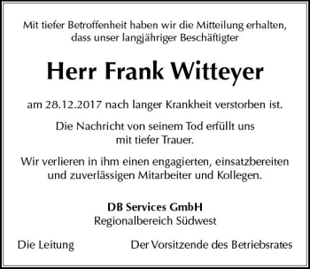 Traueranzeige von Frank Witteyer von  Kreisanzeiger