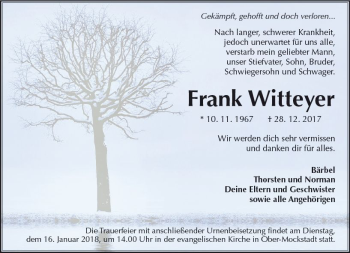 Traueranzeige von Frank Witteyer von  Kreisanzeiger