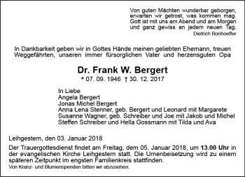 Traueranzeige von Frank W. Bergert von  Gießener Anzeiger