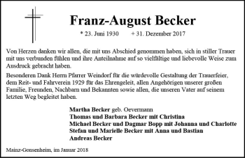 Traueranzeige von Franz-August Becker von Trauerportal Rhein Main Presse