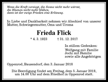 Traueranzeige von Frieda Flick von  Gießener Anzeiger