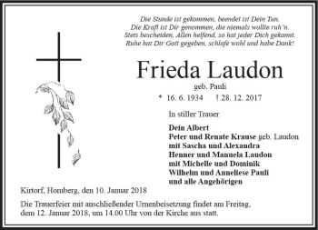 Traueranzeige von Frieda Laudon von VRM Trauer